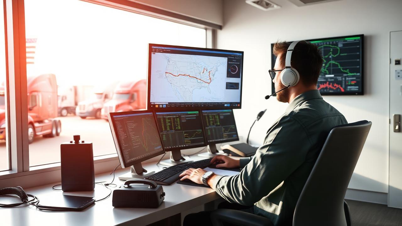 American trucking dispatcher at a desk with routing maps and load boards on multiple monitors