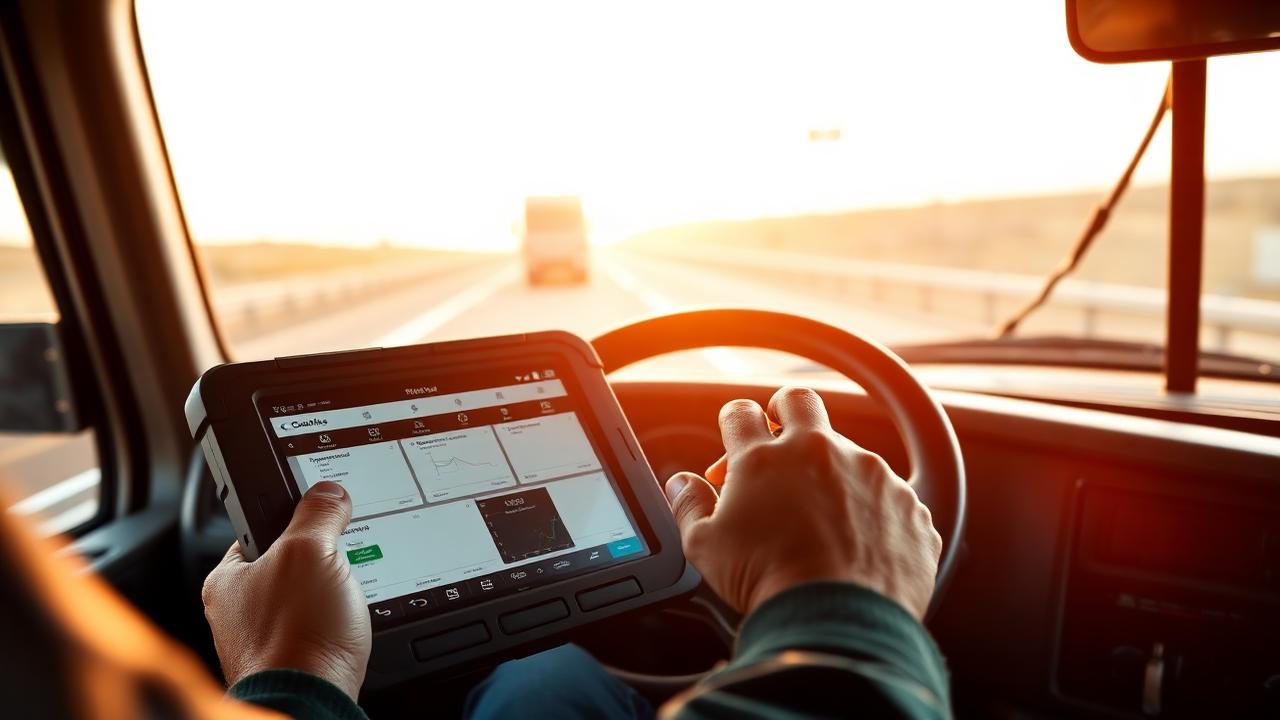 US truck driver's hands holding a rugged tablet with an ELD interface inside a semi-truck cab