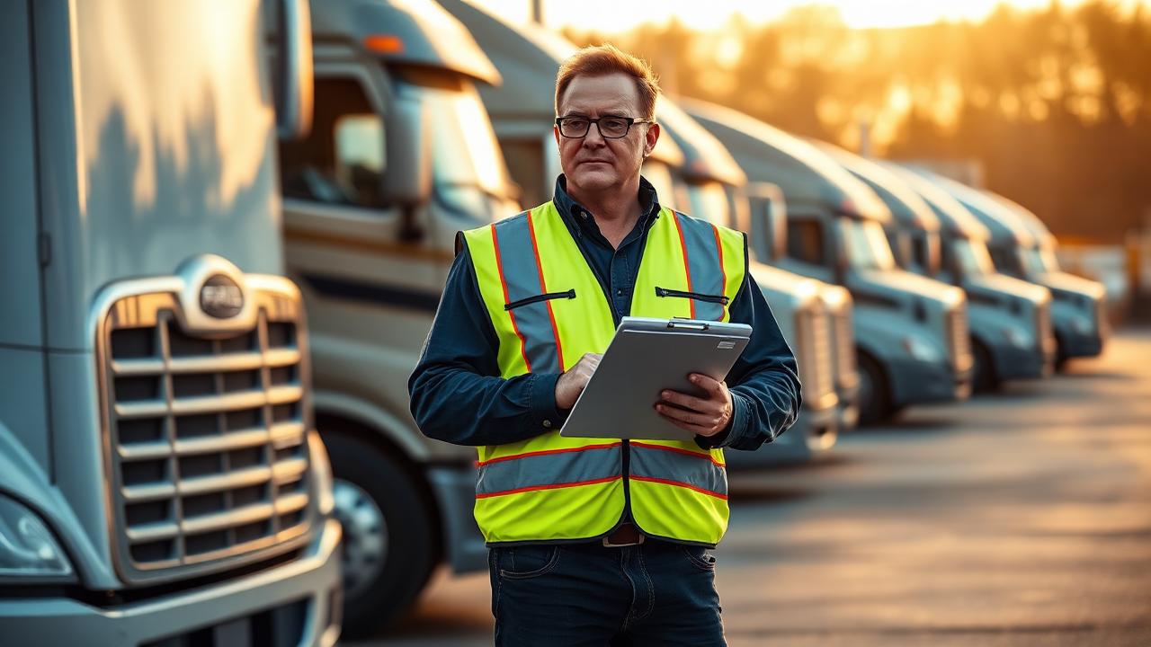 US fleet manager in a hi-vis vest with a clipboard in front of a lineup of Class 8 semi-trucks